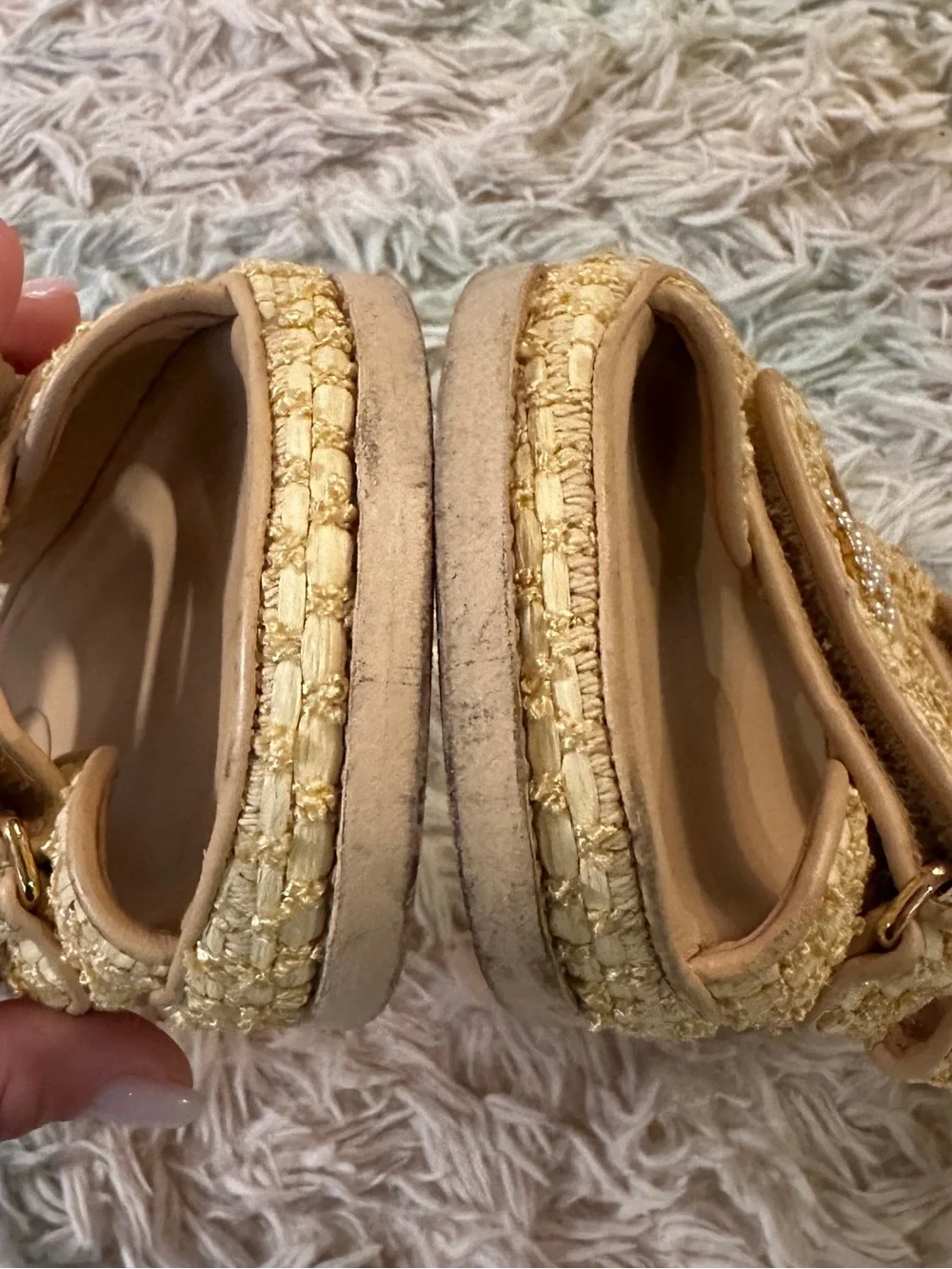 Chanel Authentic Raffia Pearl Velcro Dad Sandals Size 41